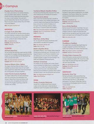 On Campus: Colorado (Beta Gamma), Summer 2011, Continued. On Campus: Florida Tech (Theta Zeta), Summer 2011. On Campus: Georgia Tech (Iota Mu), Summer 2011. On Campus: DePaul (Iota Eta), Summer 2011. On Campus: Eastern Illinois (Zeta Alpha), Summer 2011. On Campus: Lake Forest (Gamma Epsilon), Summer 2011. On Campus: Northern Illinois (Epsilon Delta), Summer 2011. On Campus: Northwestern (Beta), Summer 2011. On Campus: Ball State (Delta Rho), Summer 2011. On Campus: Butler (Epsilon Beta), Summer 2011. On Campus: DePauw (Gamma), Summer 2011. On Campus: Drake (Gamma Omicron), Summer 2011. On Campus: Iowa (Delta Epsilon), Summer 2011. On Campus: Washburn (Upsilon), Summer 2011. On Campus: Wichita State (Gamma Xi), Summer 2011. On Campus: Kentucky (Iota Nu), Summer 2011. On Campus: North Dakota (Pi), Summer 2011, Continued