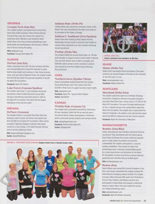 On Campus: Georgia Tech (Iota Mu), Winter 2012. On Campus: DePaul (Iota Eta), Winter 2012. On Campus: Lake Forest (Gamma Epsilon), Winter 2012. On Campus: DePauw (Gamma), Winter 2012. On Campus: Indiana State (Delta Pi), Winter 2012. On Campus: Indiana U. Southeast (Zeta Epsilon), Winter 2012. On Campus: Purdue (Delta Mu), Winter 2012. On Campus: Northern Iowa (Epsilon Theta), Winter 2012. On Campus: Wichita State (Gamma Xi), Winter 2012. On Campus: Maine (Delta Nu), Winter 2012. On Campus: Maryland (Delta Zeta), Winter 2012. On Campus: Bentley (Zeta Rho), Winter 2012. On Campus: Boston (Eta), Winter 2012