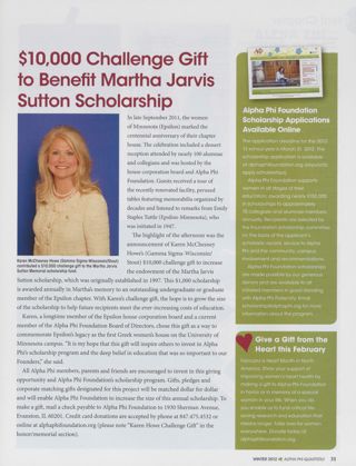 $10,000 Challenge Gift to Benefit Martha Jarvis Sutton Scholarship. Alpha Phi Foundation Scholarship Applications Available Online. Give a Gift From the Heart This February