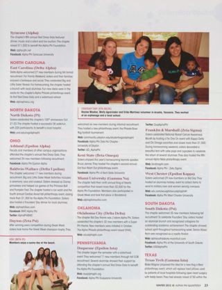 On Campus: USC (Beta Pi), Winter 2012, Continued. On Campus: Syracuse (Alpha), Winter 2012. On Campus: CSU/East Bay (Eta Delta ), Winter 2012. On Campus: East Carolina (Delta Alpha), Winter 2012. On Campus: North Dakota (Pi), Winter 2012. On Campus: Ashland (Epsilon Alpha), Winter 2012. On Campus: Baldwin-Wallace (Delta Upsilon), Winter 2012. On Campus: Dayton (Zeta Psi), Winter 2012. On Campus: Kent State (Beta Omega), Winter 2012. On Campus: Miami University (Gamma Nu), Winter 2012. On Campus: Oklahoma City (Delta Delta), Winter 2012. On Campus: Duquesne (Epsilon Iota), Winter 2012. On Campus: Franklin & Marshall (Zeta Sigma), Winter 2012. On Campus: West Chester (Epsilon Kappa), Winter 2012. On Campus: South Dakota (Psi), Winter 2012. On Campus: Texas Tech (Gamma Iota), Winter 2012