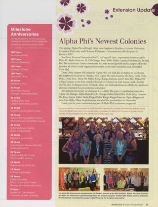 Milestone Anniversaries, Winter 2012. Extension Update: Alpha Phi's Newest Colonies
