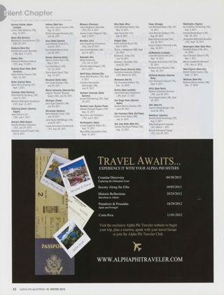 Silent Chapter, Winter 2012. Alpha Phi Traveler Advertisement, Winter 2012