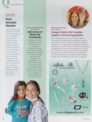 From the Quad: Most Valuable Member. From the Quad: Sister Serves on Mission Trip to Guatemala. From the Quad: Collegian Starts First Canadian Chapter of Service Organization. College Jewelry Advertisement, Spring 2016