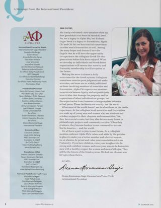 Alpha Phi International Fraternity Directory, Summer 2016. A Message From the International President, Summer 2016