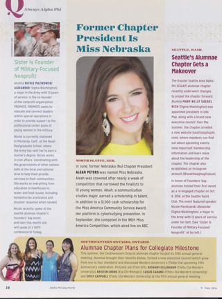 Always Alpha Phi: Sister Is Founder of Military-Focused Nonprofit. Always Alpha Phi: Former Chapter President Is Miss Nebraska. Always Alpha Phi: Seattle's Alumnae Chapter Gets a Makeover. Always Alpha Phi: Alumnae Chapter Plans for Collegiate Milestone