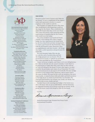 Alpha Phi International Fraternity Directory, Fall 2016. A Message From the International President, Fall 2016