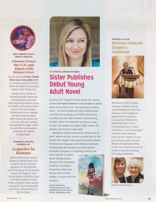 Always Alpha Phi: Alumna Tours the U.S. and Japan With Disney Live!. Always Alpha Phi: Legacies in Kansas. Always Alpha Phi: Sister Publishes Debut Young Adult Novel. Always Alpha Phi: Alumnae Celebrate Chapter's Centennial