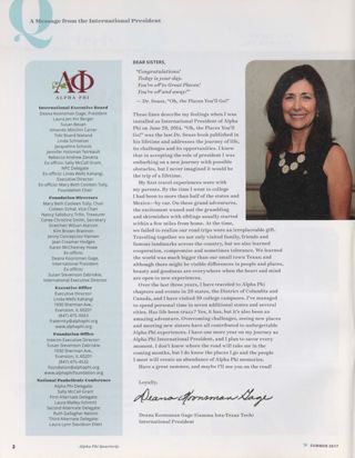 Alpha Phi International Fraternity Directory, Summer 2017. A Message From the International President, Summer 2017