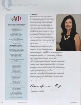 Alpha Phi International Fraternity Directory, Winter 2018. A Message From the International President, Winter 2018