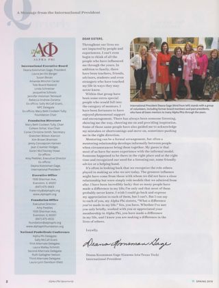 Alpha Phi International Fraternity Directory, Spring 2018. A Message From the International President, Spring 2018