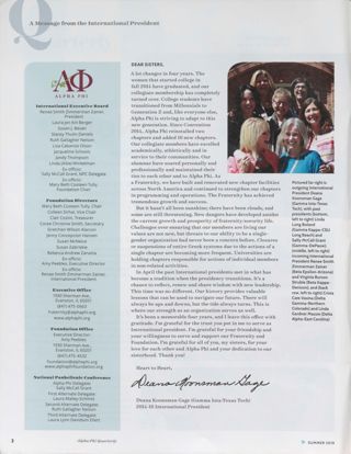 Alpha Phi International Fraternity Directory, Summer 2018. A Message From the International President, Summer 2018