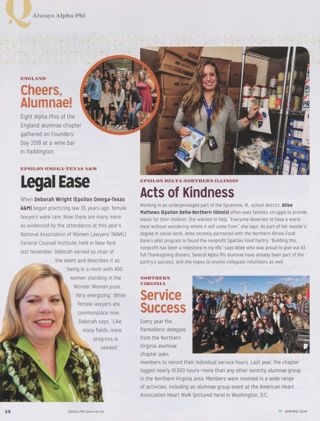 Always Alpha Phi: Cheers, Alumnae!. Always Alpha Phi: Legal Ease. Always Alpha Phi: Acts of Kindness. Always Alpha Phi: Service Success