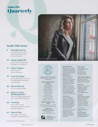 Alpha Phi Quarterly, Vol. 131, No. 2, Spring 2019 Table of Contents