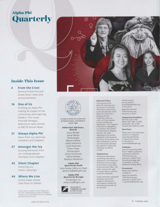 Alpha Phi Quarterly, Vol. 132, No. 3, Summer 2020 Table of Contents