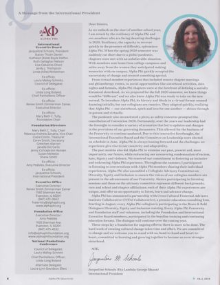 Alpha Phi International Fraternity Directory, Fall 2020. A Message From the International President, Fall 2020
