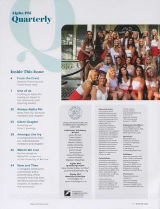Alpha Phi Quarterly, Vol. 132, No. 1, Winter 2020 Table of Contents