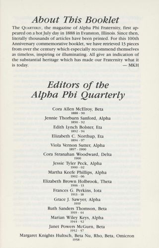 About This Booklet. Editors of the Alpha Phi Quarterly