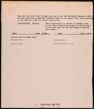 Oklahoma Alpha Phi House Association First Fundraising Plan Form, 1950s