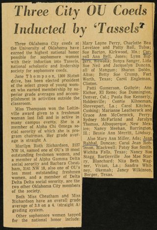 Three City OU Coeds Inducted by 'Tassels' Newspaper Clipping, 1950s