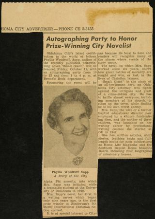 Autographing Party to Honor Prize-Winning City Novelist Newspaper Clipping, c. 1957