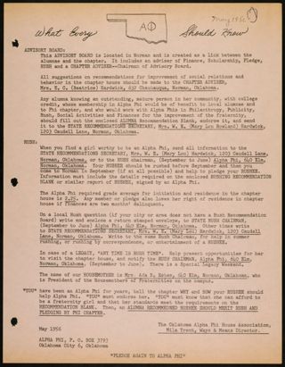 Mila Trent to Alpha Phi Memo, May 1956