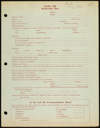 Alpha Phi Membership Data, May 1956