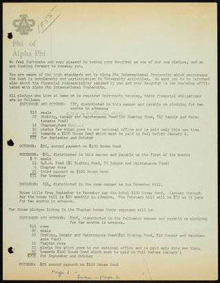 Janice Livingston to Phi Chapter Parents Letter, 1950s