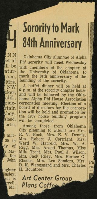 Sorority to Mark 84th Anniversary Newspaper Clipping, 1956