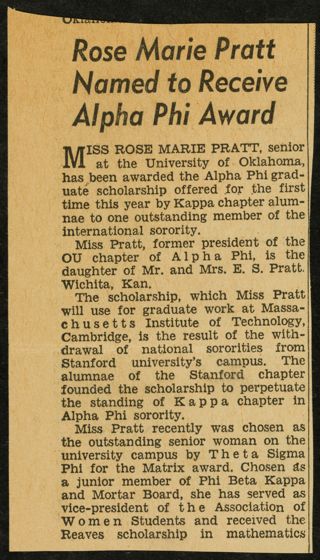 Rose Marie Pratt Named to Receive Alpha Phi Award Newspaper Clipping, 1950s