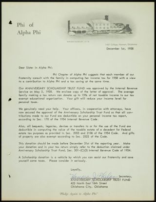 Honora J. Phelps to Sister in Alpha Phi Letter, December 1, 1958