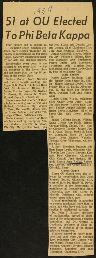 51 at OU Elected to Phi Beta Kappa Newspaper Clipping, 1959