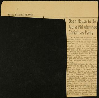 Open House to Be Alpha Phi Alumnae Christmas Party Newspaper Clipping, December 12, 1958
