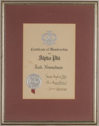 Ruth Himmelman Framed Certificate of Membership, c. 1940s