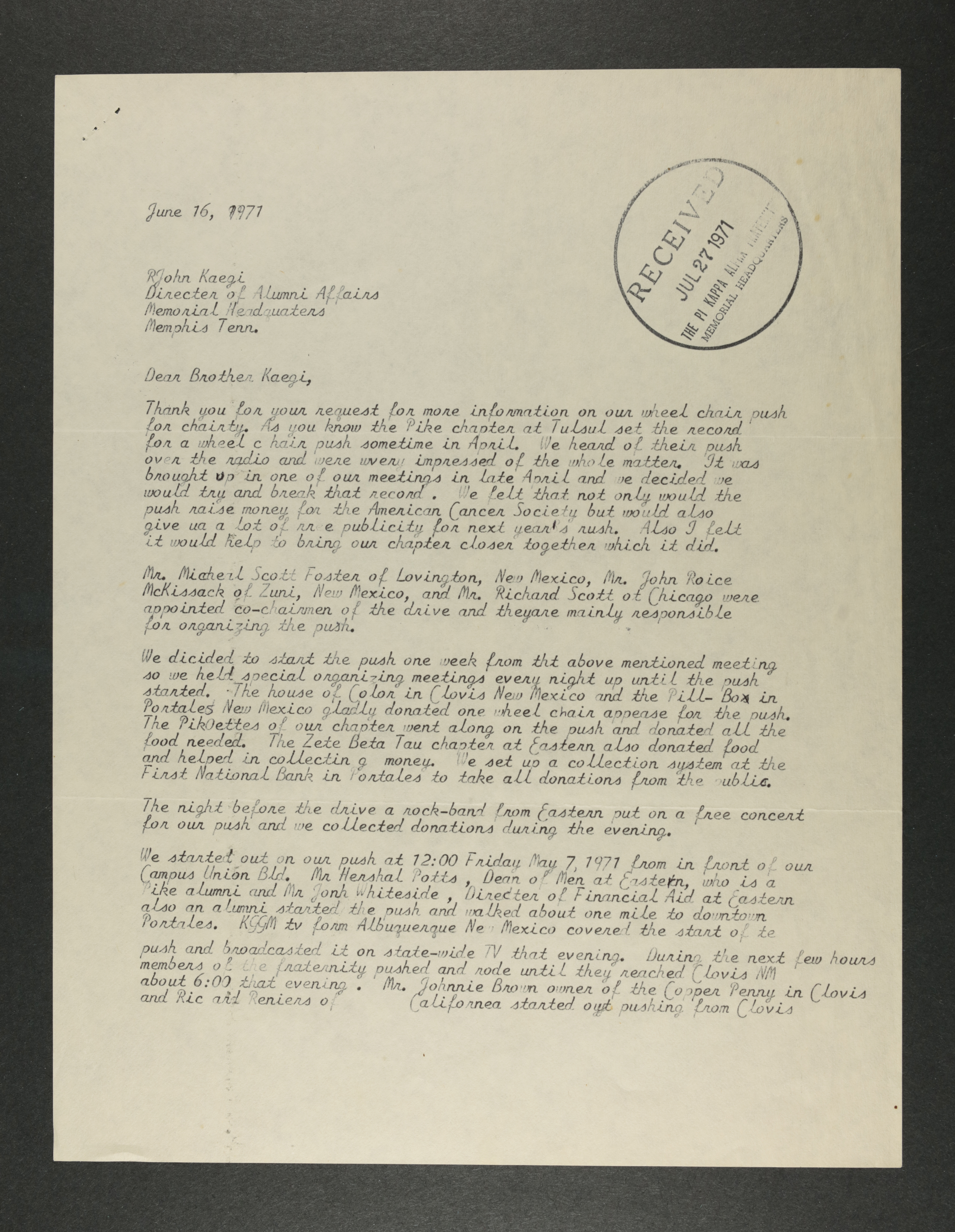 Marlin Mackey to R. John Kaegi Letter, June 16, 1971