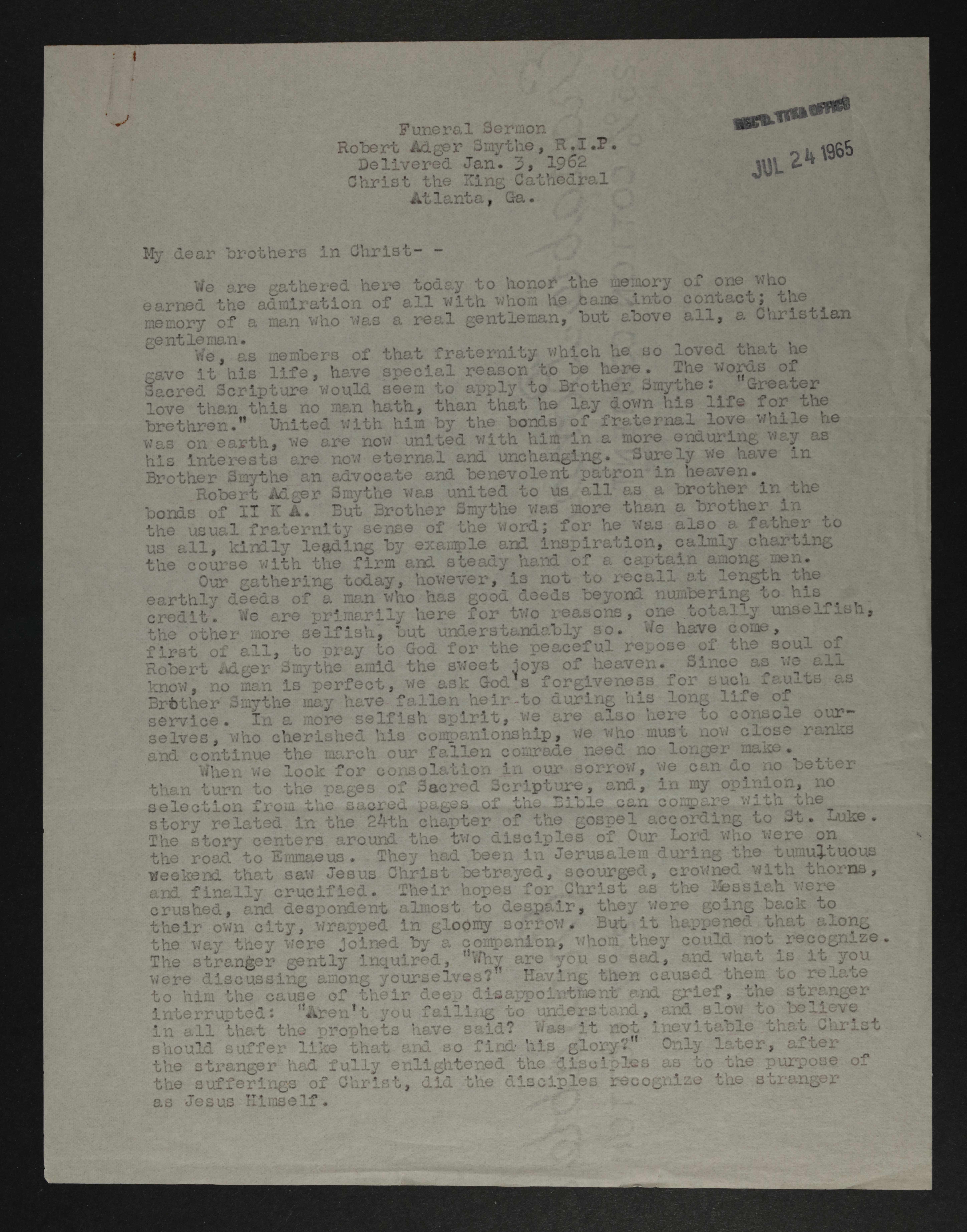 Funeral Sermon for Robert Adger Smythe, January 3, 1962