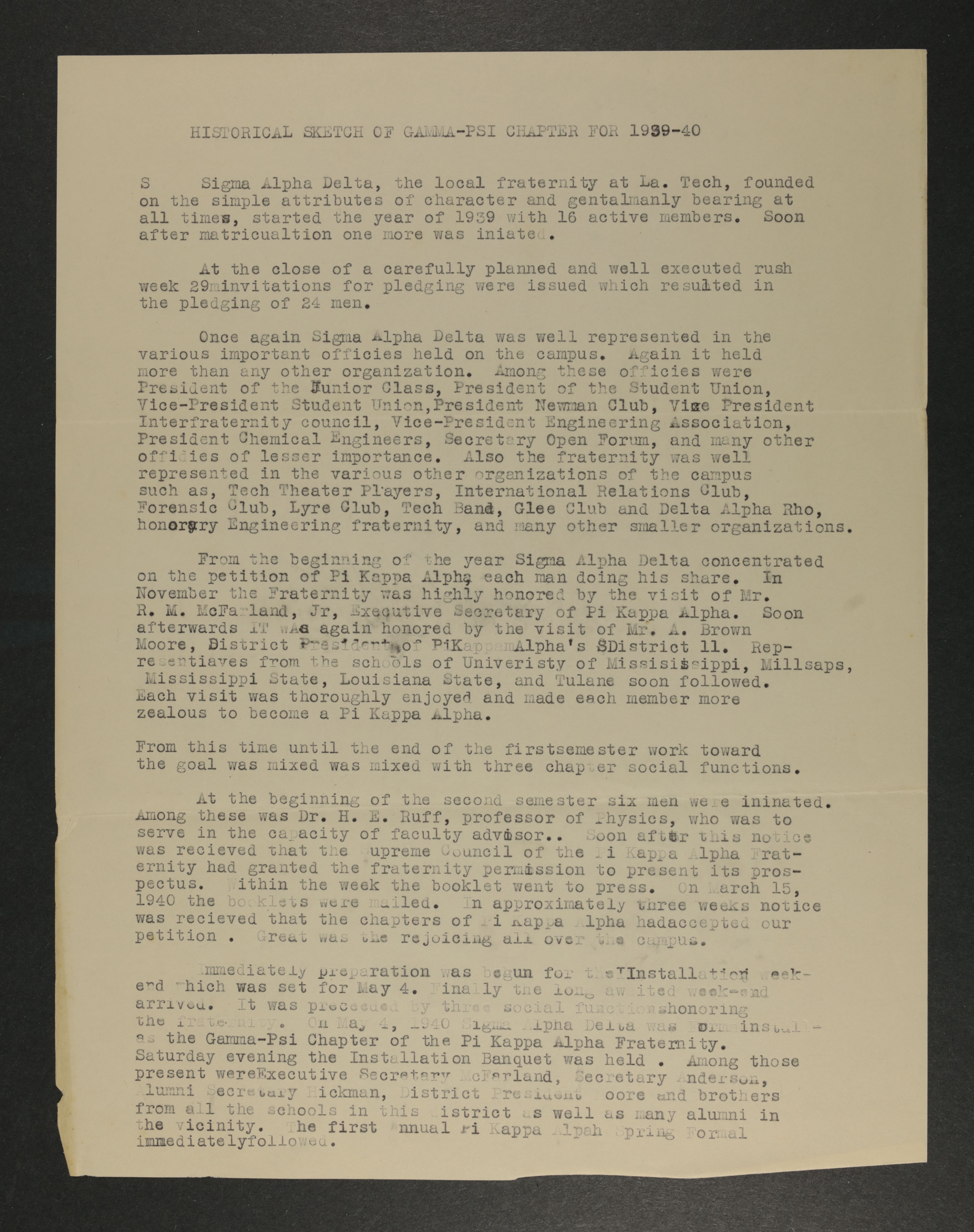 Historical Sketch of Gamma-Psi Chapter, 1939-1940