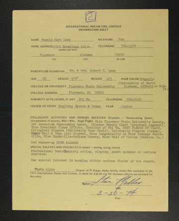 Pamela Kaye Long International Dream Girl Contest Information Sheet, March 20, 1974