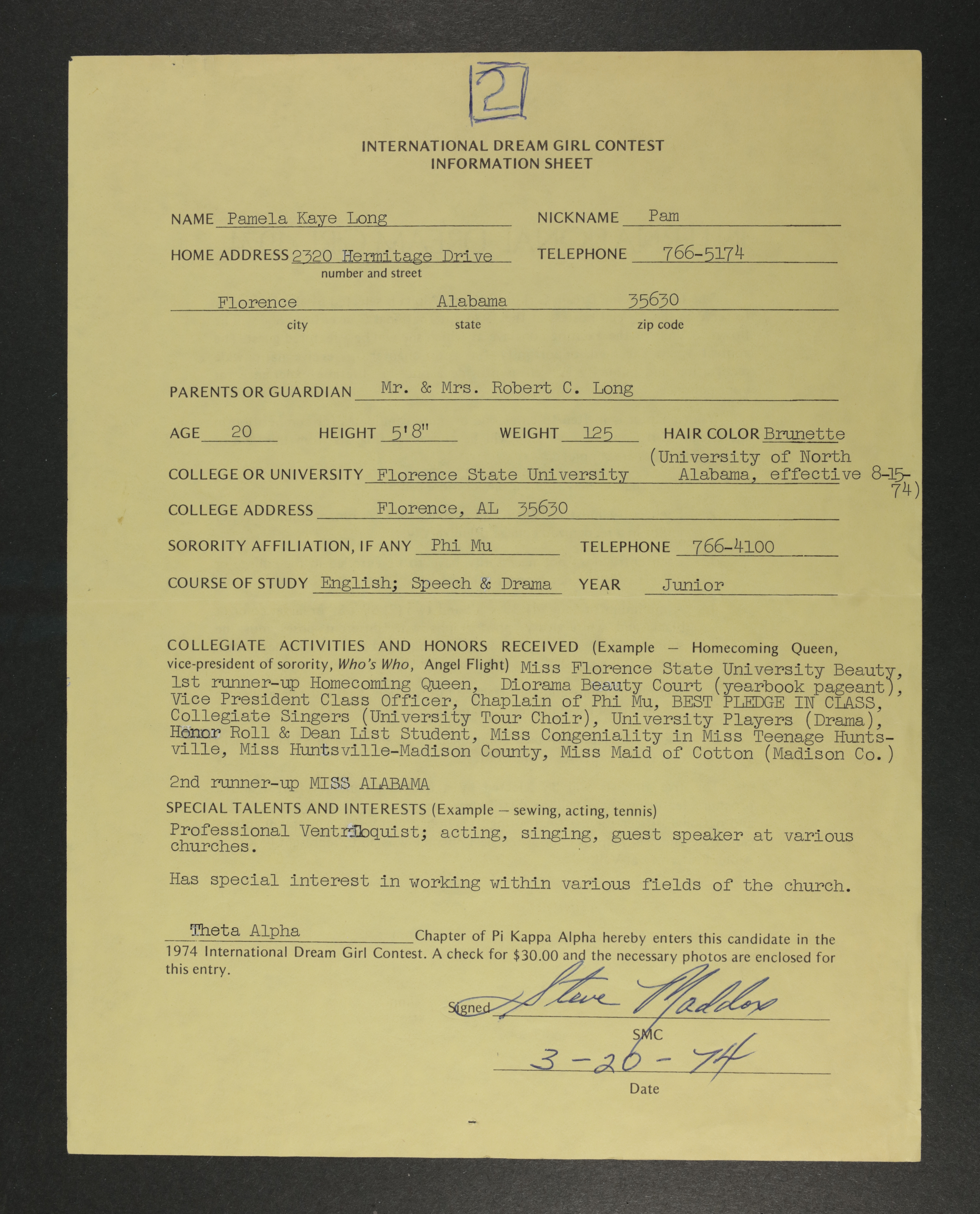 Pamela Kaye Long International Dream Girl Contest Information Sheet, March 20, 1974