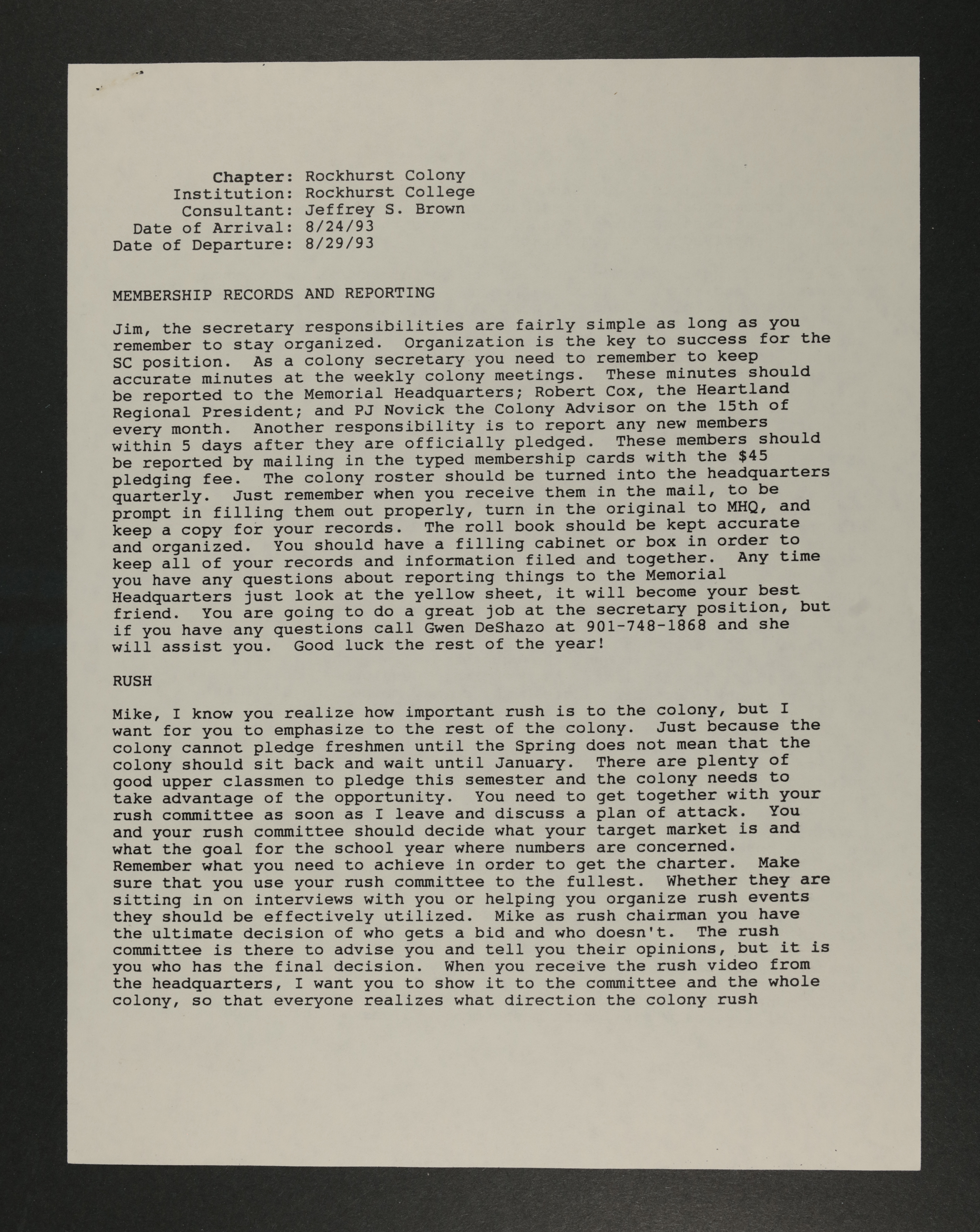 Rockhurst Colony Consultant Report, August 24-29, 1993