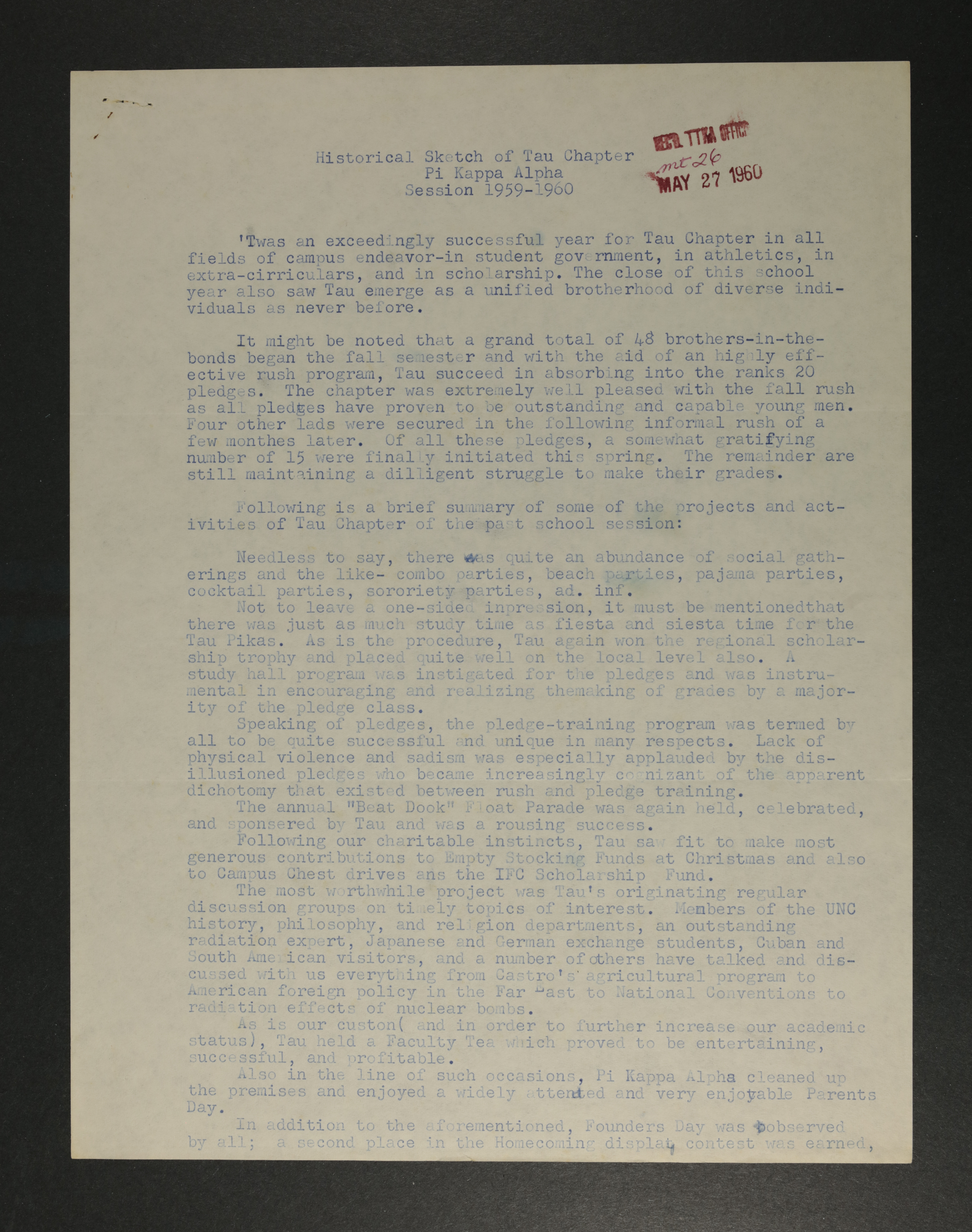 Historical Sketch of Tau Chapter, 1959-1960