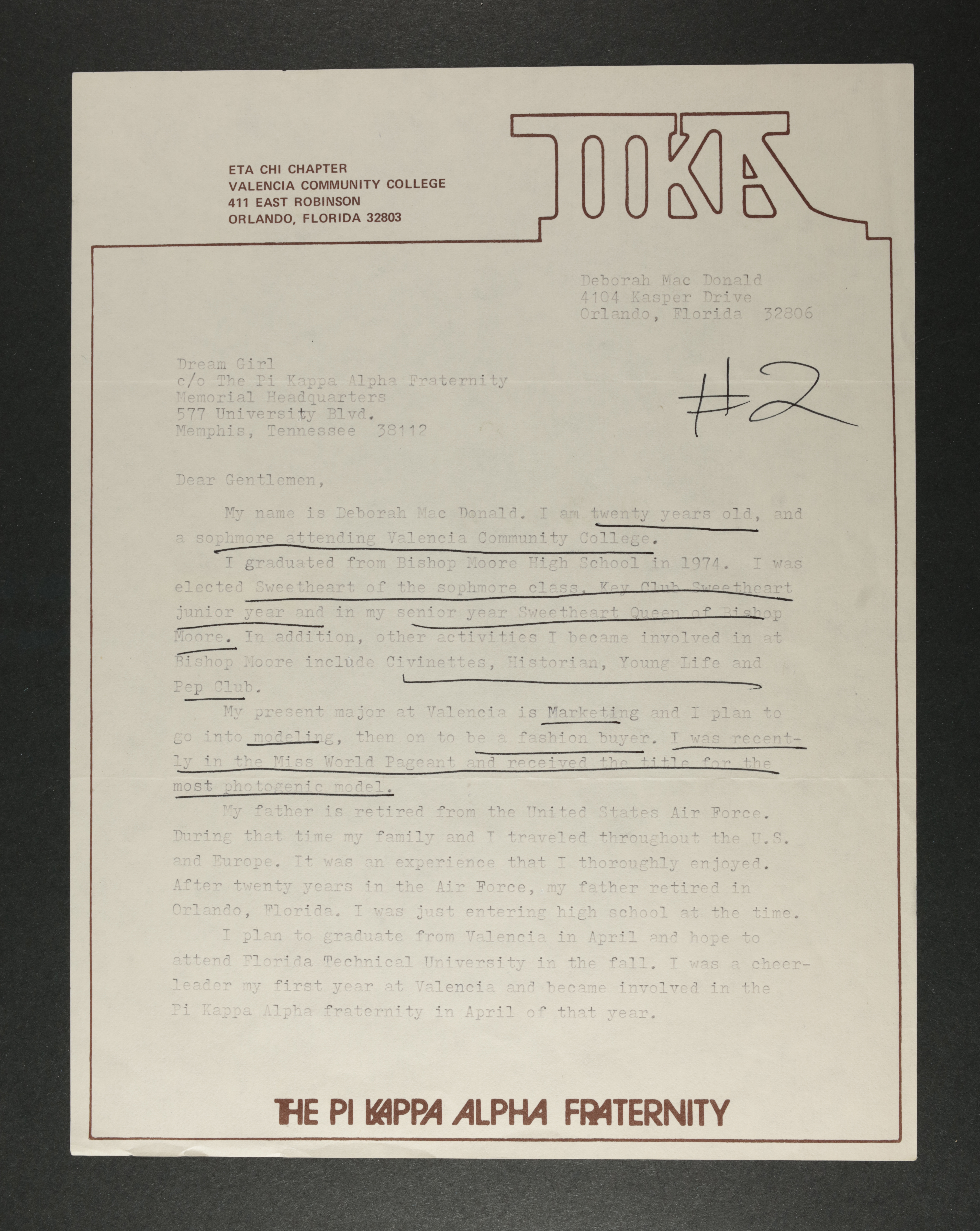 Deborah MacDonald to Pi Kappa Alpha Fraternity Letter, 1976