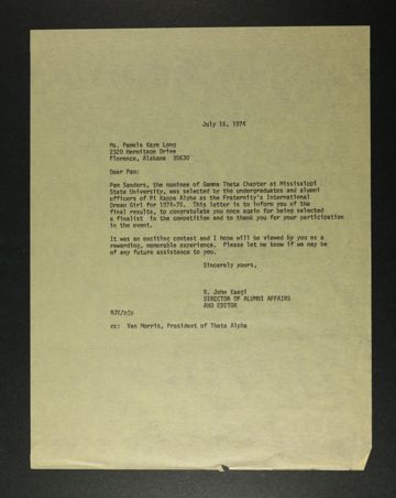 R. John Kaegi to Pamela Kaye Long Letter, July 16, 1974