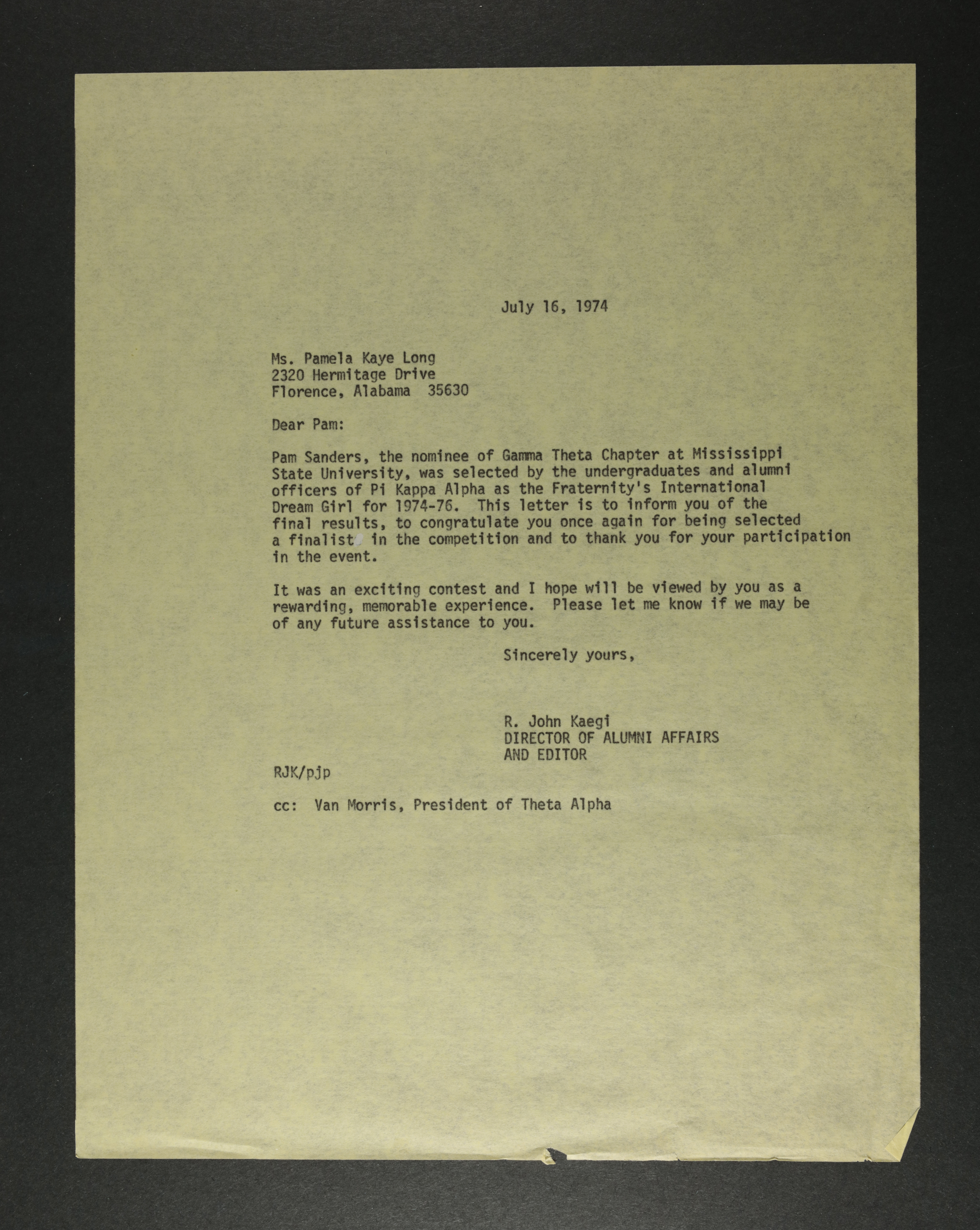 R. John Kaegi to Pamela Kaye Long Letter, July 16, 1974