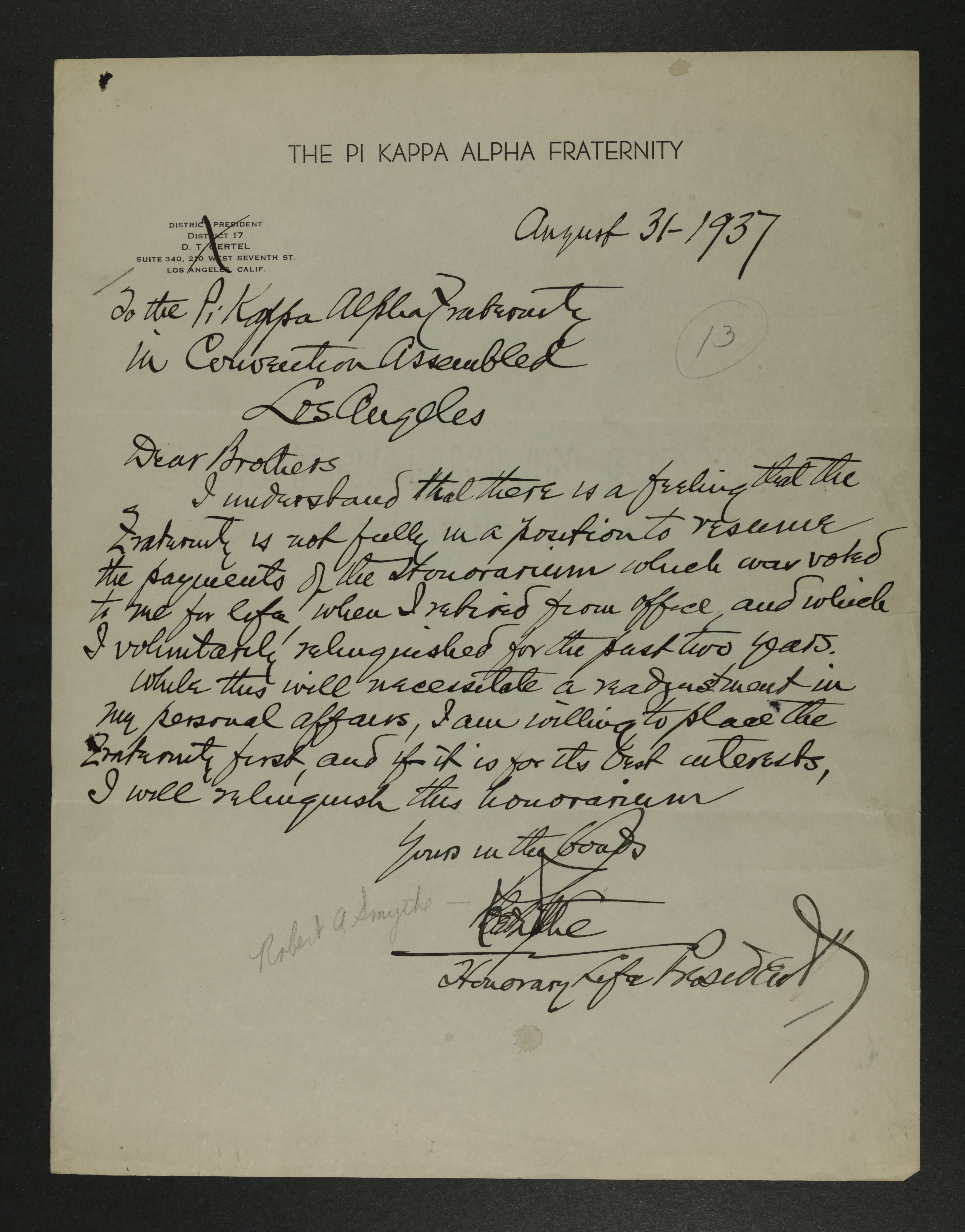 Robert A. Smythe to the Pi Kappa Alpha Fraternity Letter, August 31, 1938