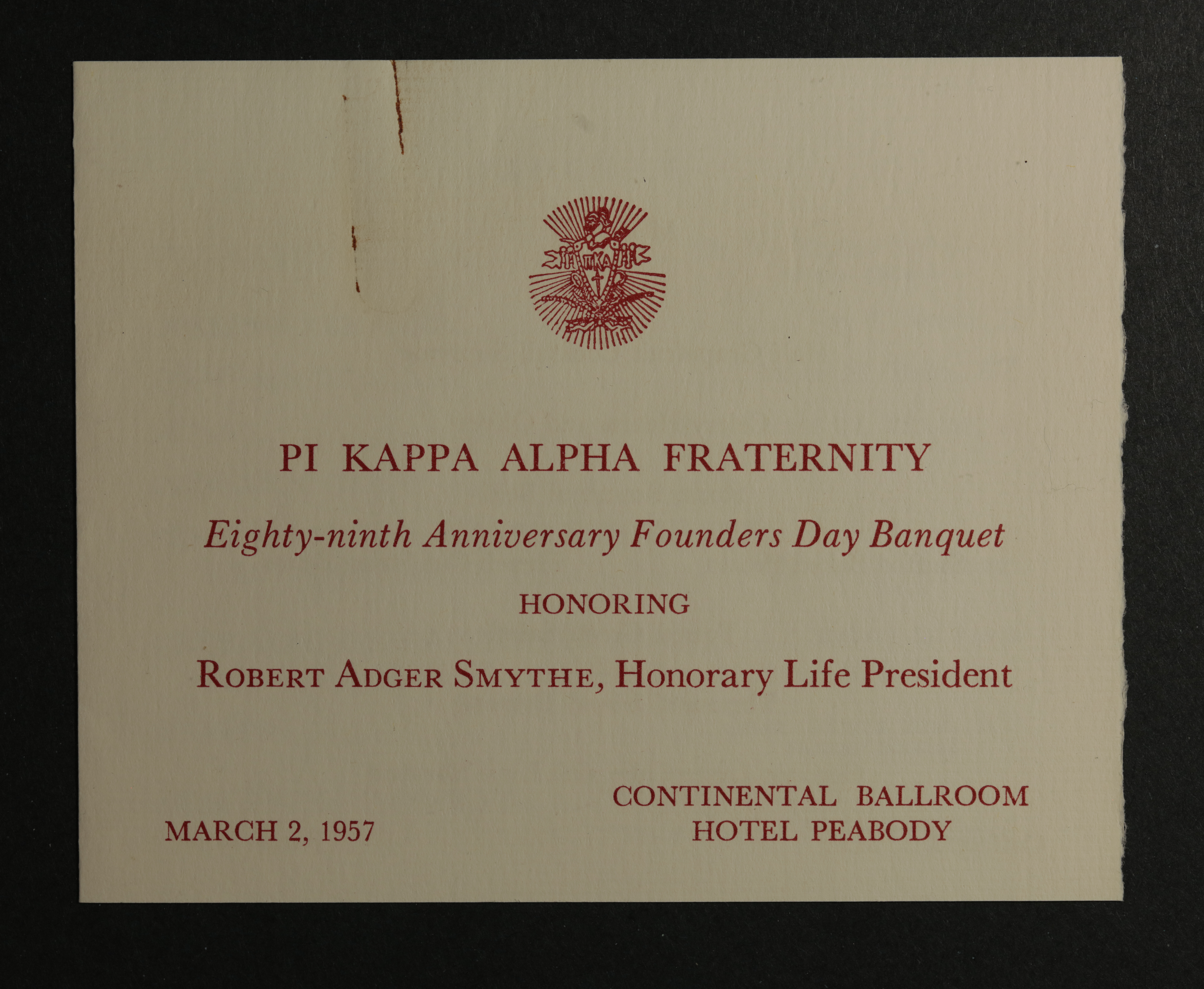 Eighty-Ninth Anniversary Founders' Day Banquet Card, March 2, 1957