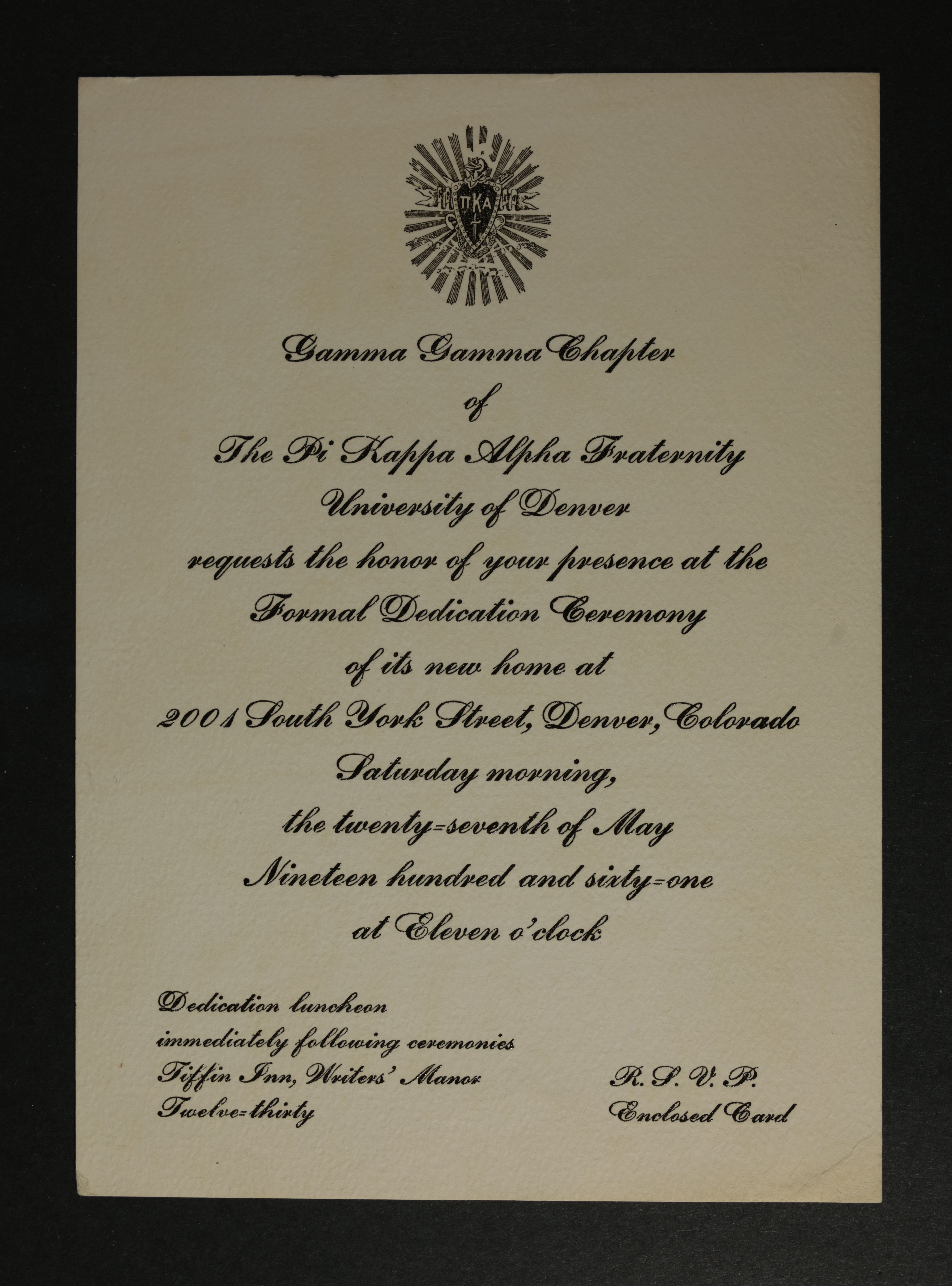 Gamma Gamma Chapter House Dedication Invitation, May 27, 1961