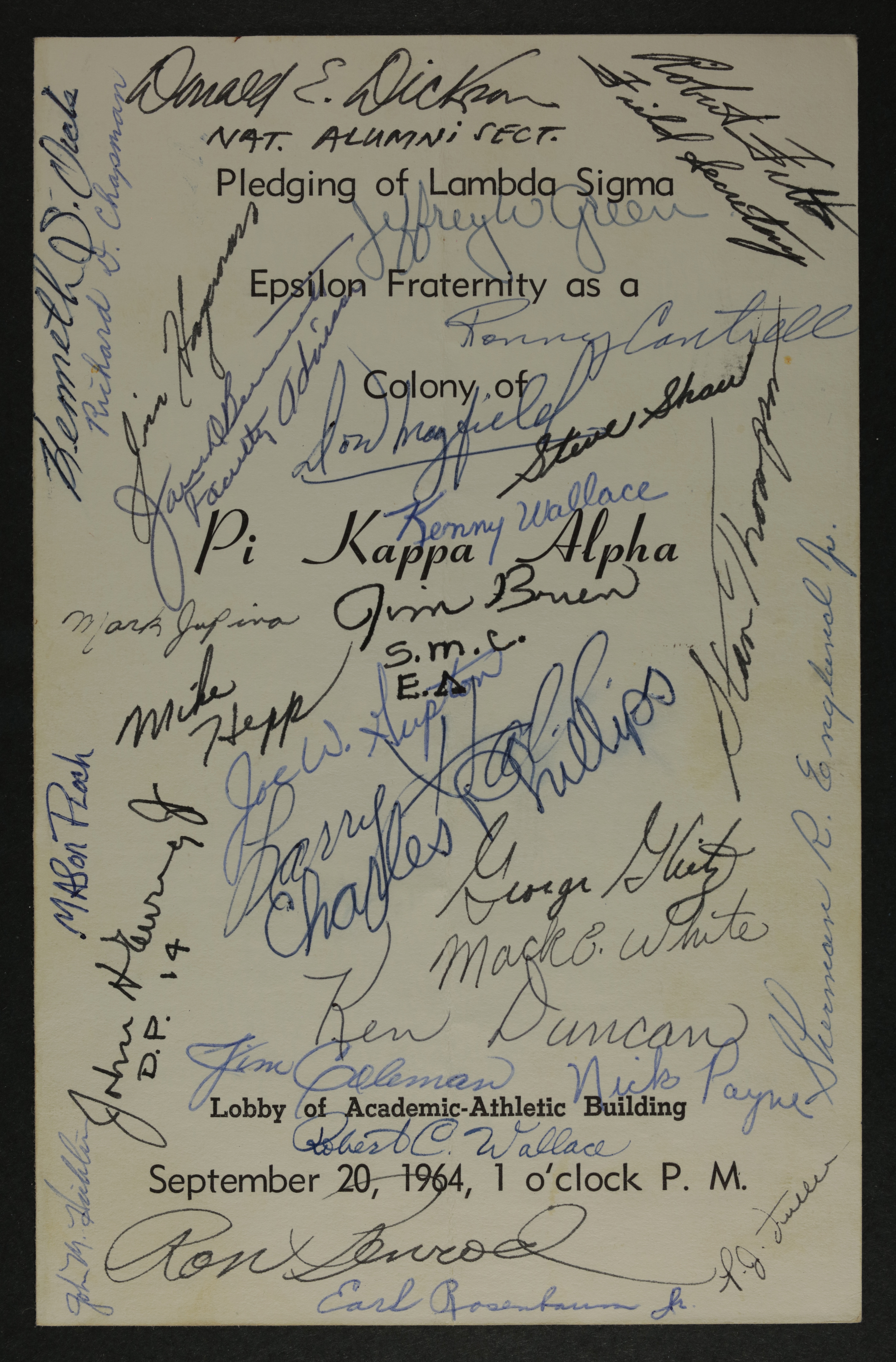 Pledging of Lambda Sigma Epsilon Fraternity as a Colony of Pi Kappa Alpha Program, September 20, 1964