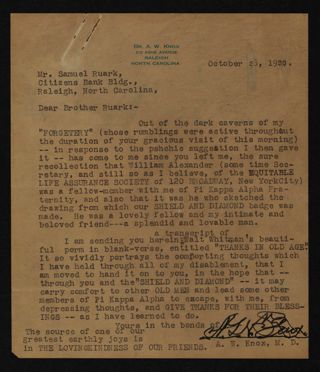 A.W. Knox to Samuel Ruark Letter, October 28, 1930