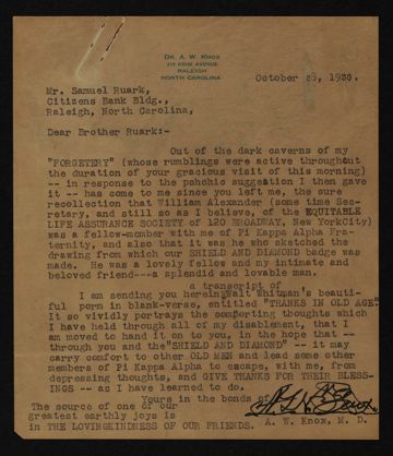 A.W. Knox to Samuel Ruark Letter, October 28, 1930