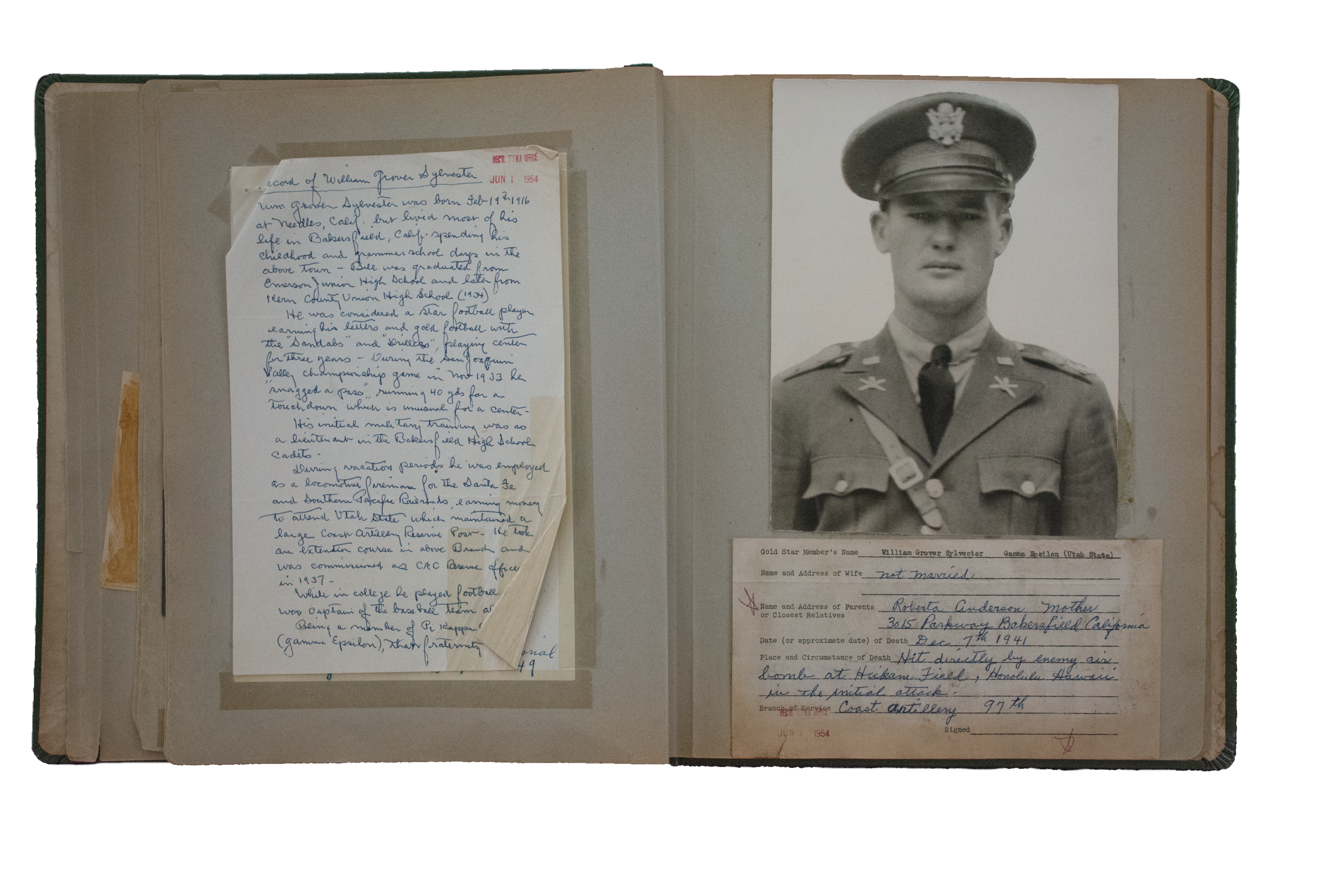 William Sylvester Gold Star Memorial Book Entry, June 1, 1954